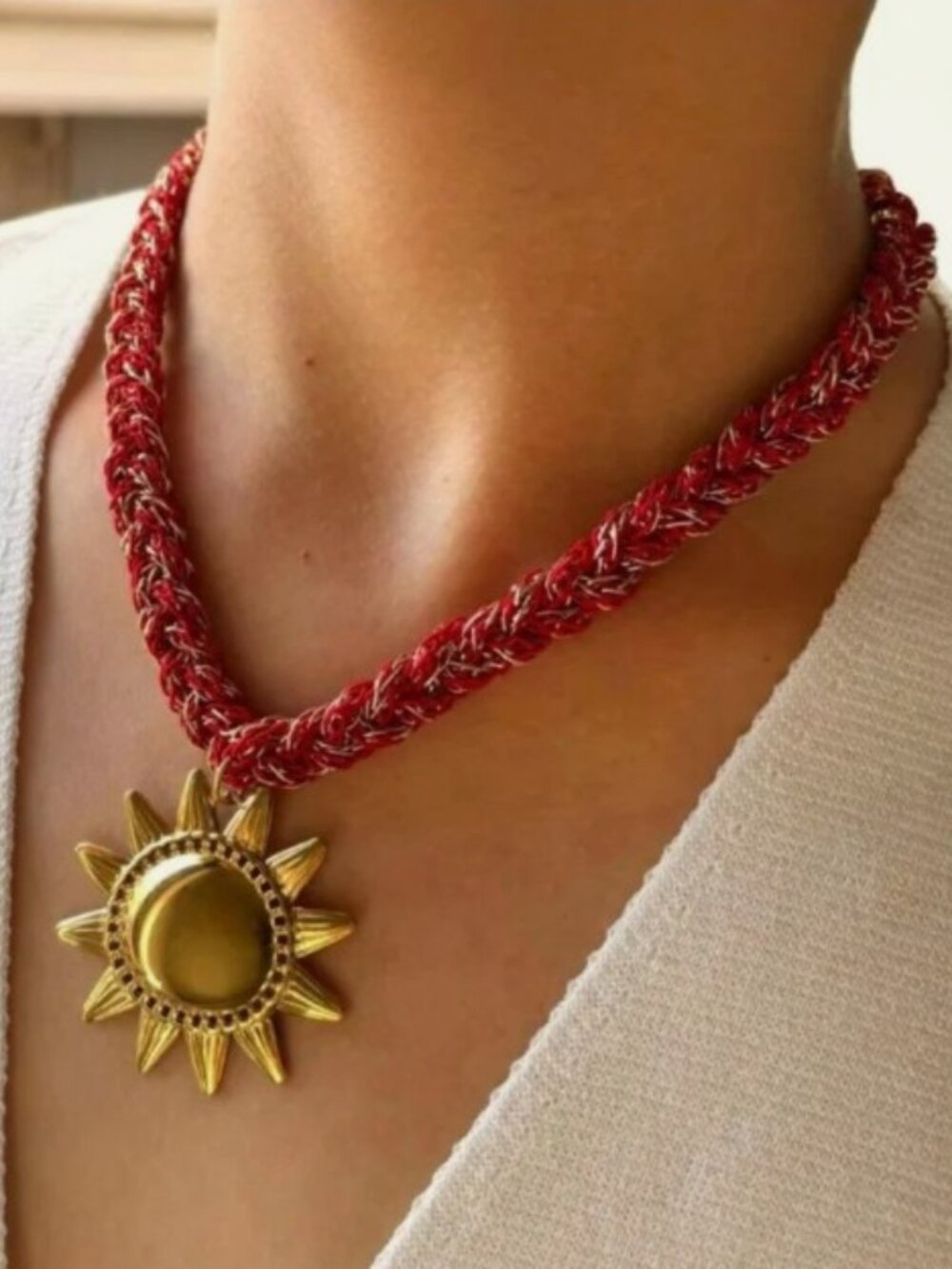 Gold Sun Pendant Red Metallic Braided Rope Choker Statement Necklace